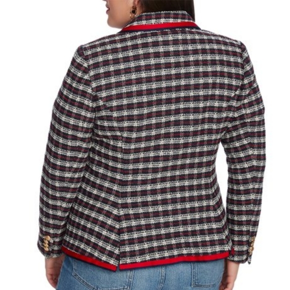 Court & Rowe Plaid Tweed Blazer Navy Blue Red Ribbon Trim Women's Size 18W - Picture 2 of 14